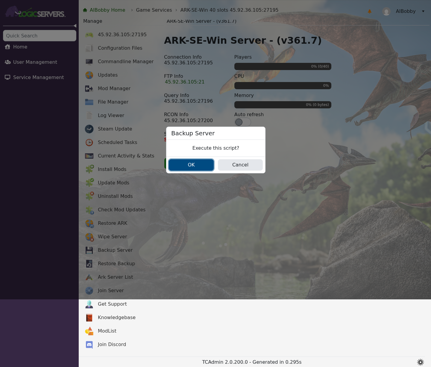 Confirmação de Backup Server no painel de controlo ARK antes de limpar
