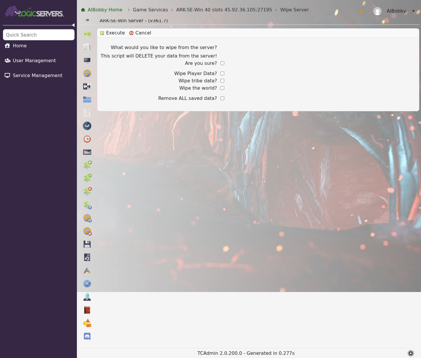 Opções de Wipe Server no painel de controlo ARK para dados de jogadores, dados de tribos, mundo e todos os dados guardados