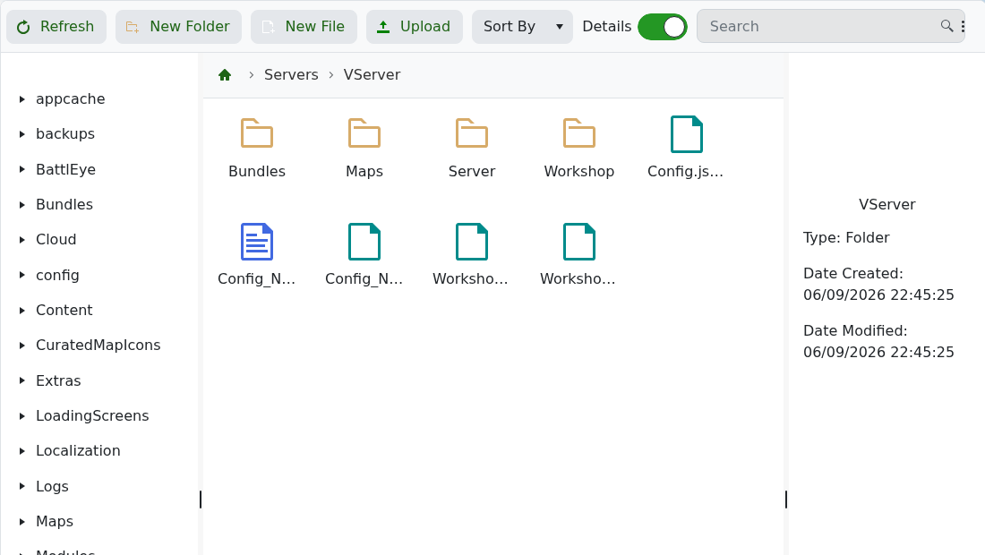 Unturned File Manager showing the active server folder