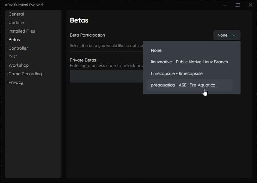 Selecting the preaquatica branch on steam