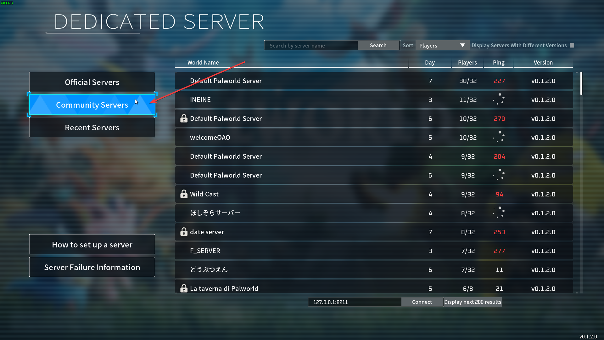 Multiplayer menu with 'Community Servers' section highlighted