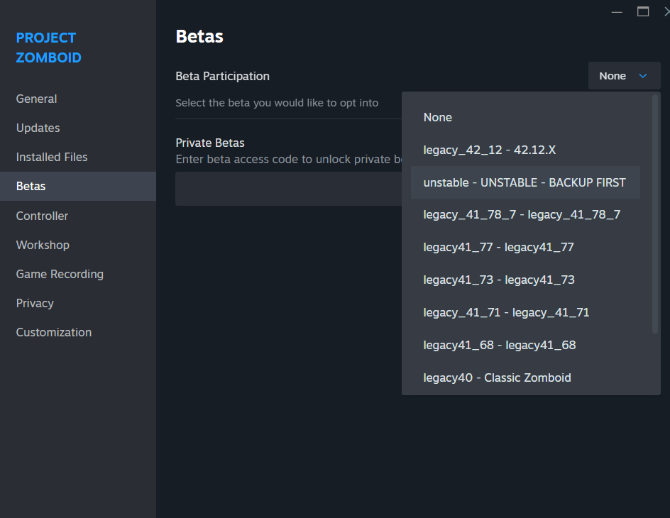 Selecting the Build 42 branch in Steam