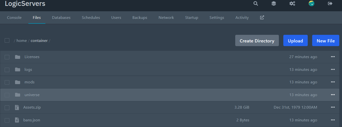 Files tab in the control panel