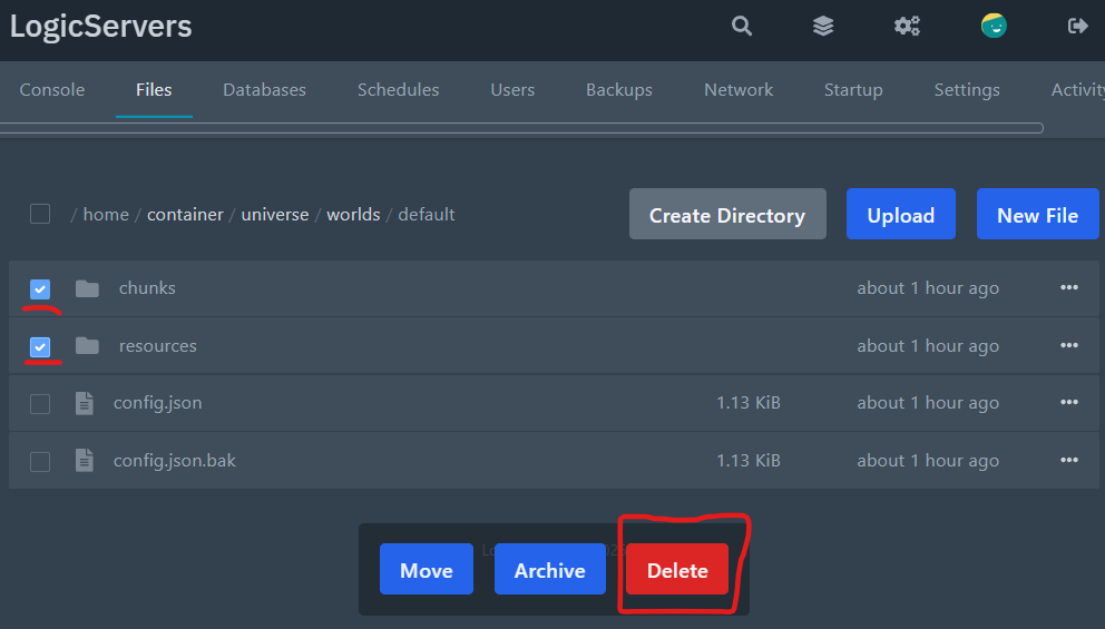Deleting the chunks and resources folders for the world