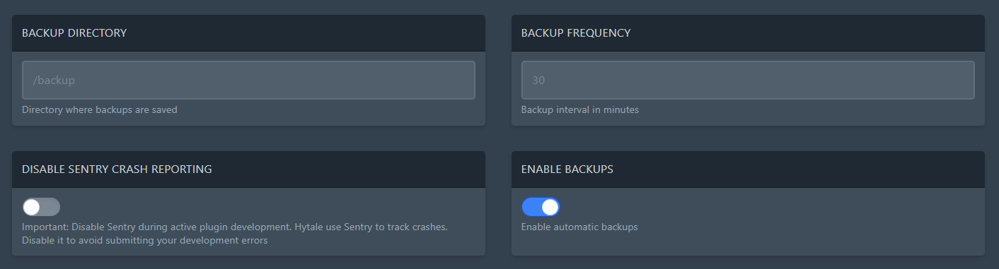 Startup variables list for a Hytale server