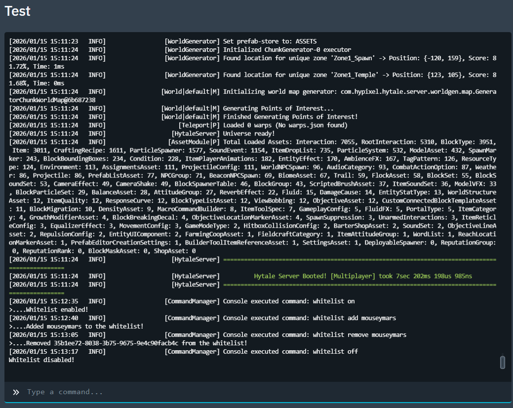 Console tab in the control panel