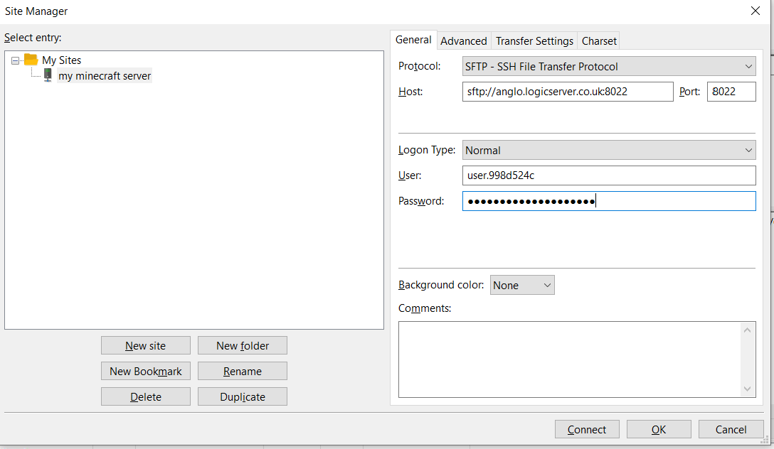 FileZilla Site Manager SFTP connection details