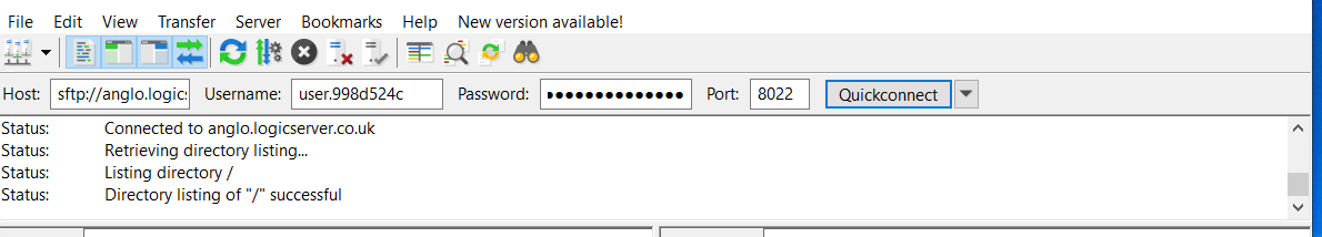FileZilla Quickconnect SFTP connection details