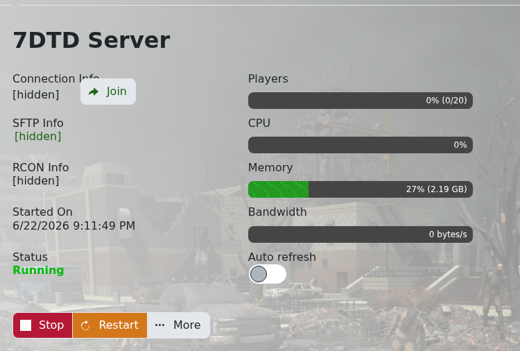 7 Days to Die server connection information in the control panel
