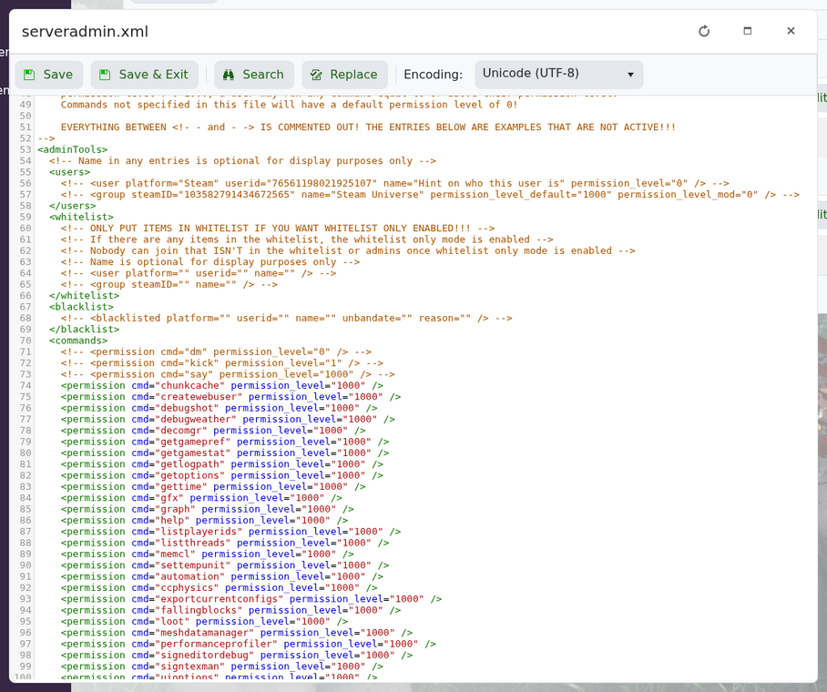 The users section in 7 Days to Die serveradmin.xml