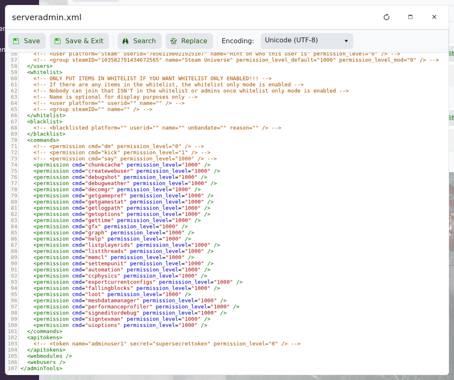 The whitelist section in 7 Days to Die serveradmin.xml