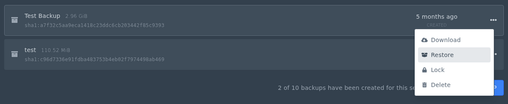 Vintage Story backup restore option in the control panel