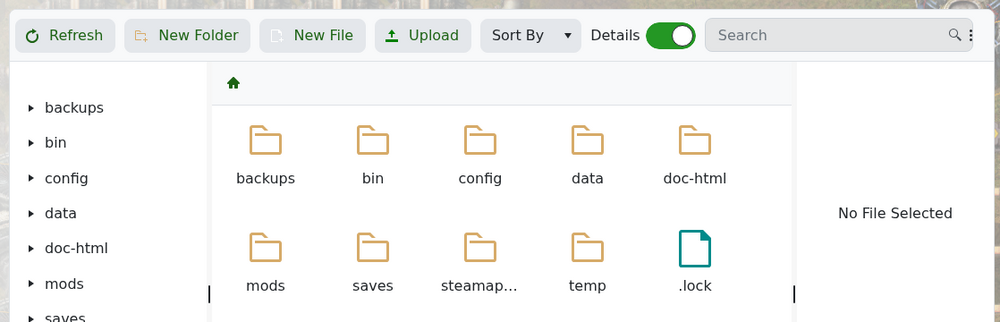 Factorio server File Manager showing the saves folder