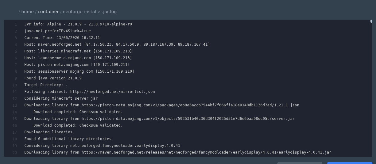 Pixelmon modpack installer log showing NeoForge downloads and checksum validation