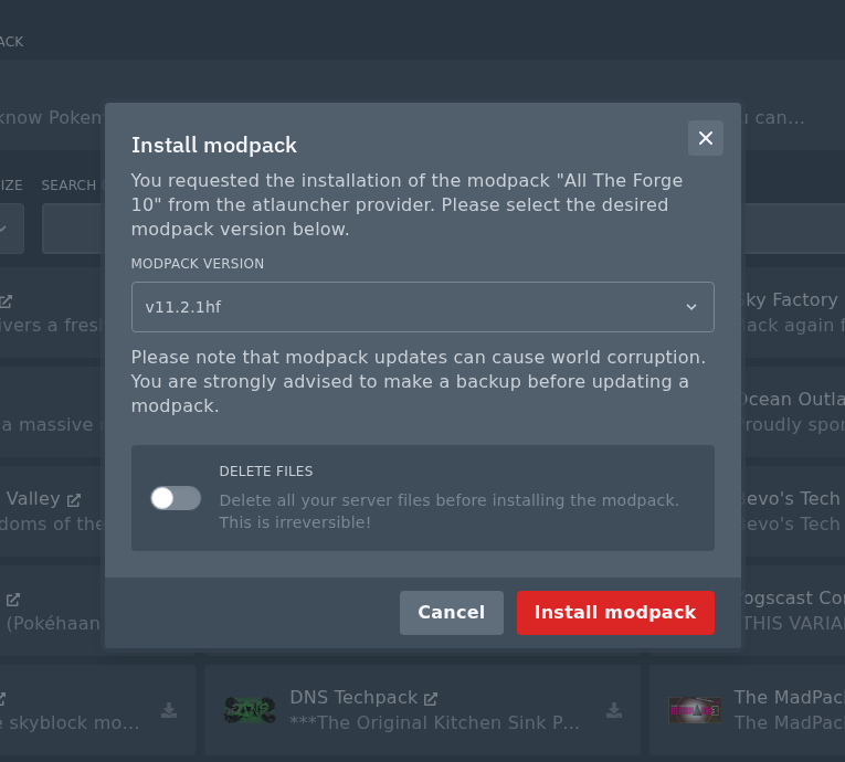 Pixelmon install dialog showing modpack version and delete files option