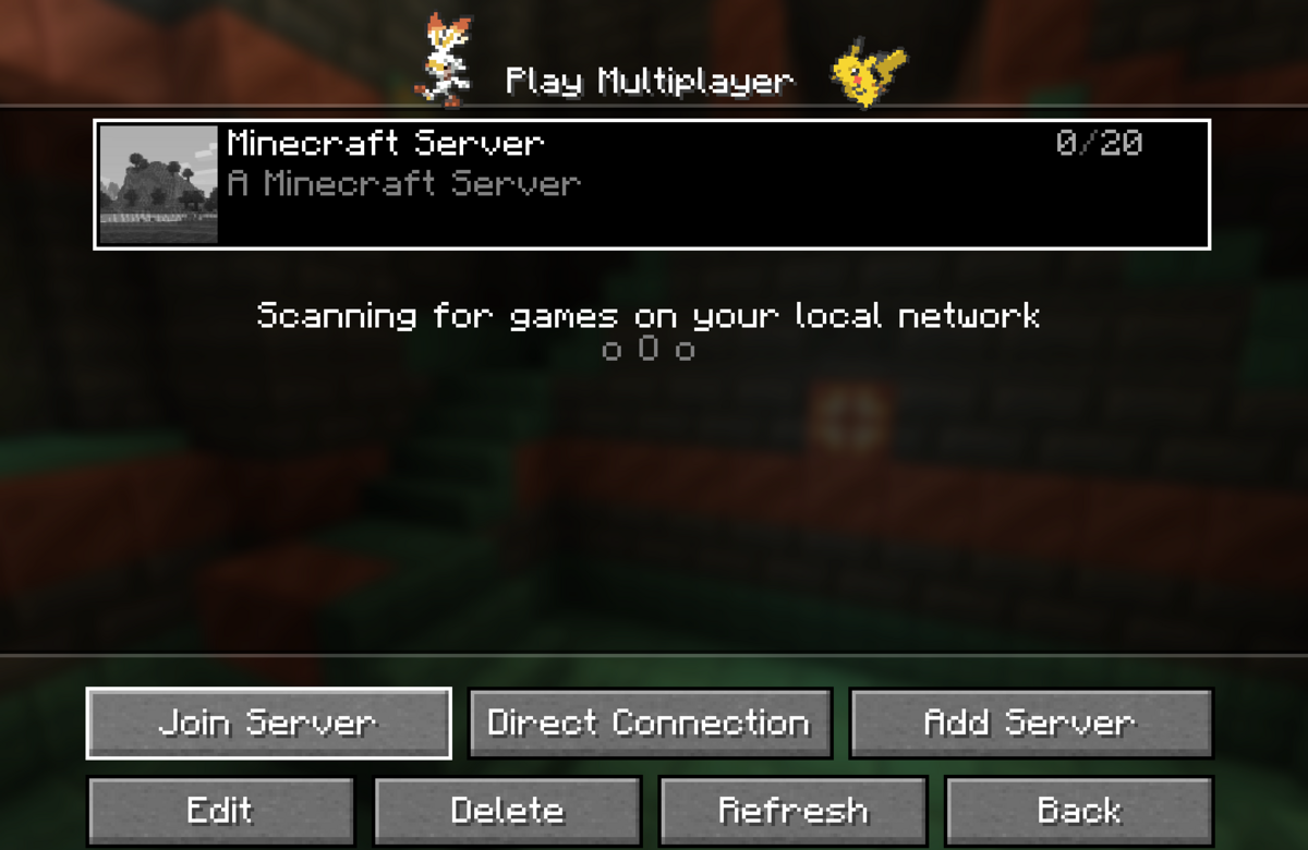 Pixelmon Minecraft multiplayer server list with server selected