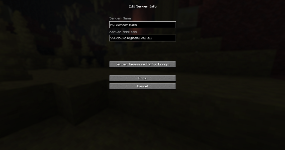 Minecraft Java Edition add server screen with server address entered