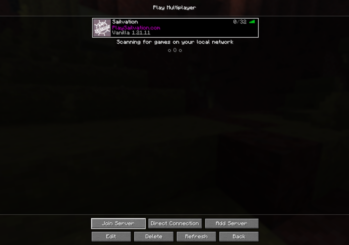 Minecraft Java Edition multiplayer server list with server selected