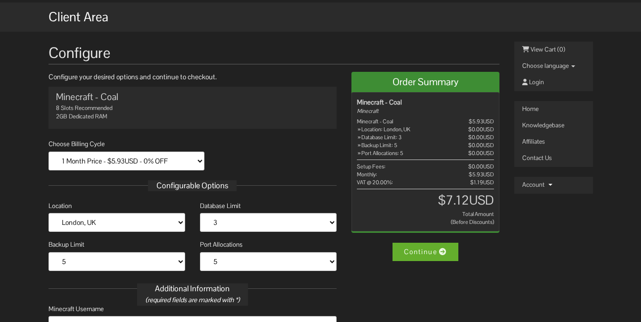 Minecraft server configure page during checkout