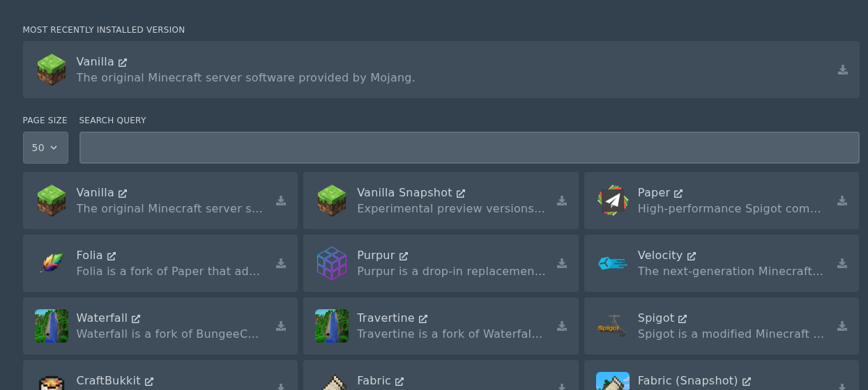 Minecraft server software options shown on the Versions page