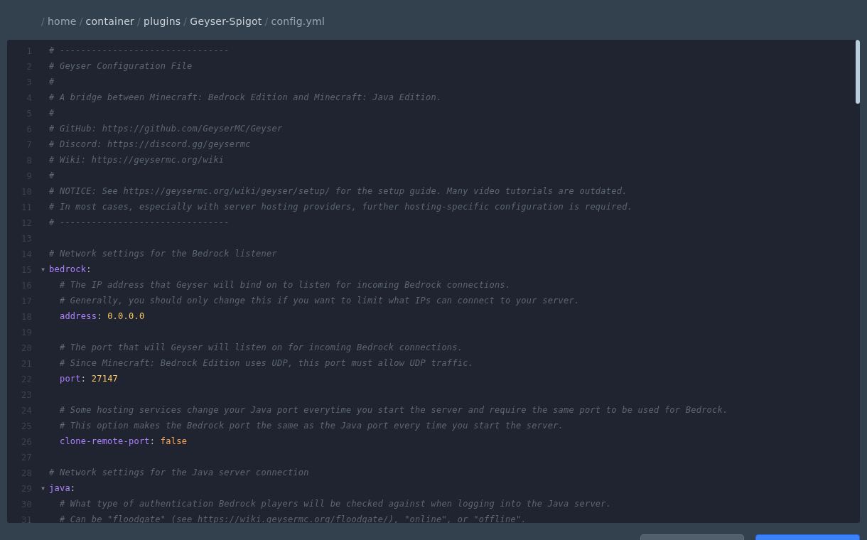 Geyser config showing the Bedrock port and Floodgate auth type
