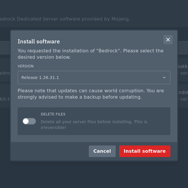 Selecting a Bedrock version to install
