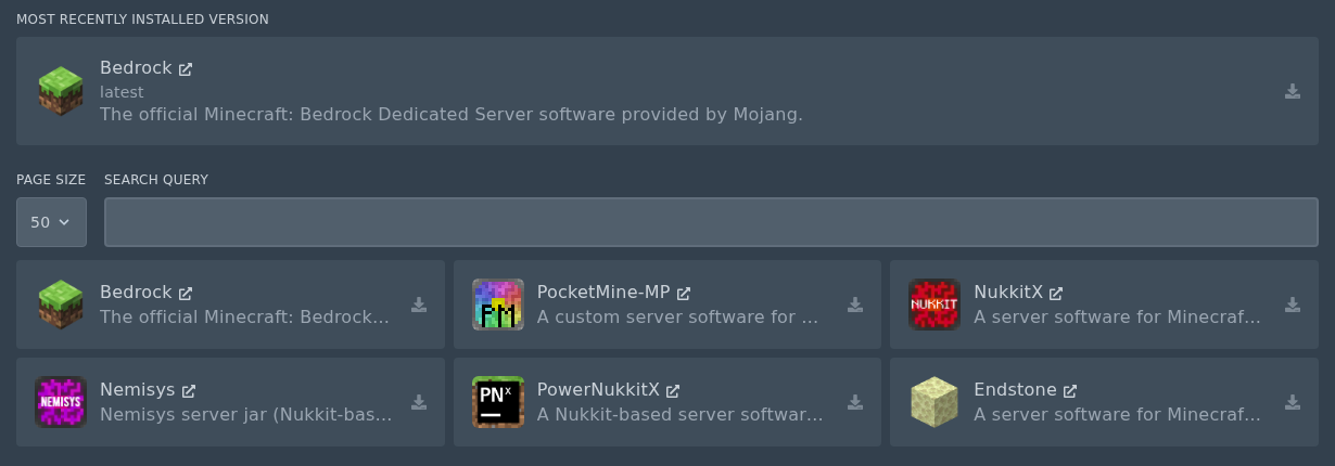 Bedrock installer page in the Minecraft control panel