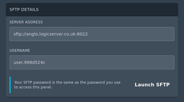 SFTP details section on the Ptero settings page