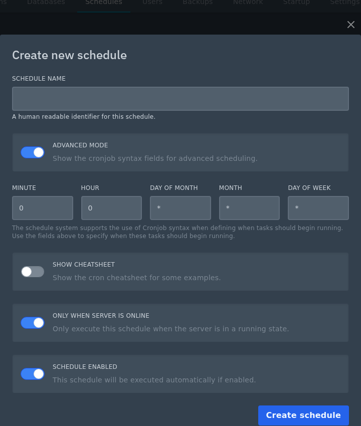 Advanced Mode cron fields on the Ptero schedule form