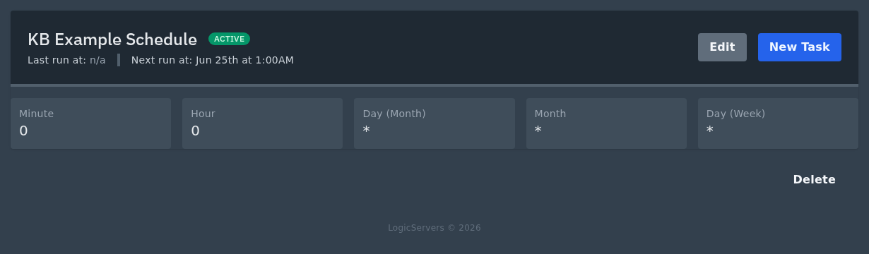 Schedule detail page with New Task button on Ptero