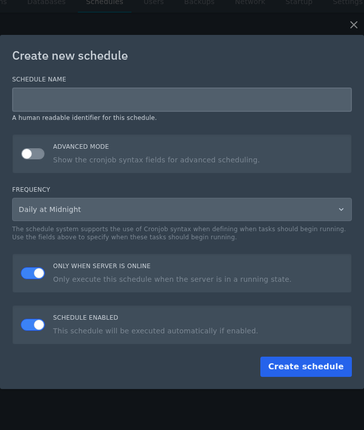 Create schedule form with frequency presets on the Ptero control panel