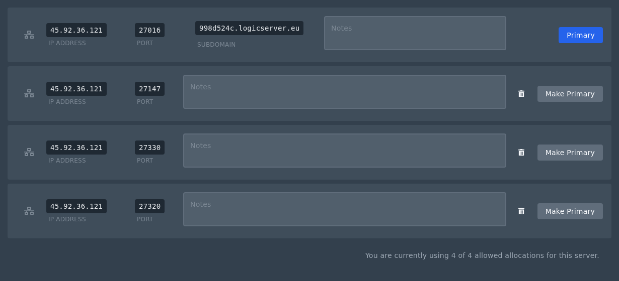 New port allocation shown on the Ptero Network page