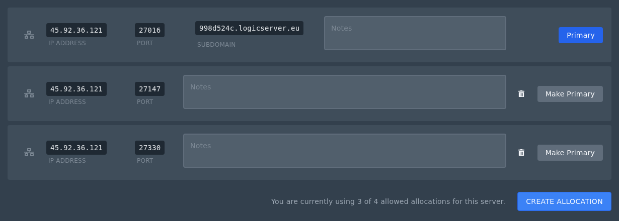 Create Allocation button on the Ptero Network page