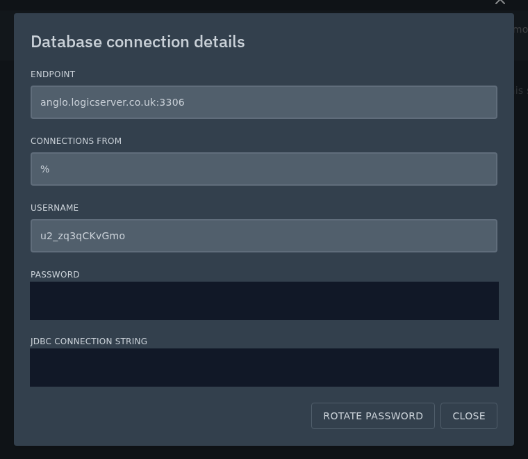 Database connection details on the Ptero control panel