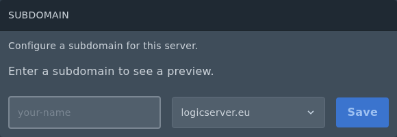 Add subdomain form on the Ptero Settings page