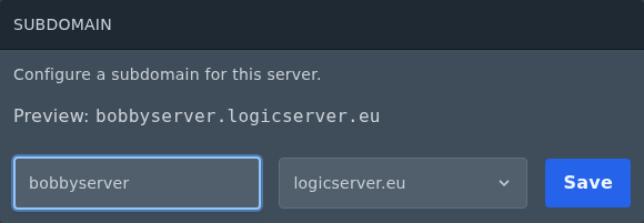 Custom subdomain entered on the Ptero Settings page