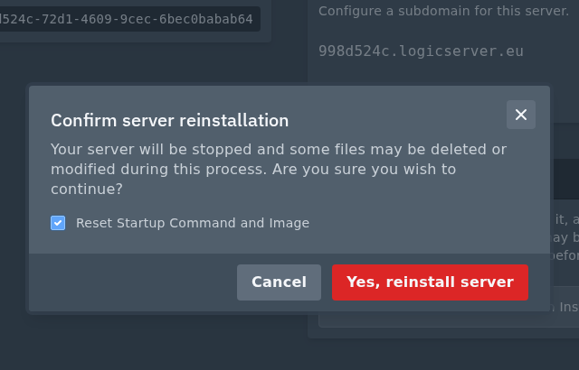 Reinstall Server confirmation prompt on Ptero