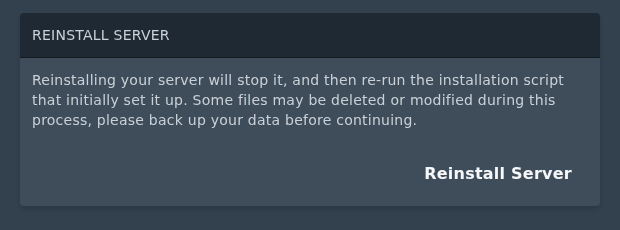 Reinstall Server section on the Ptero settings page