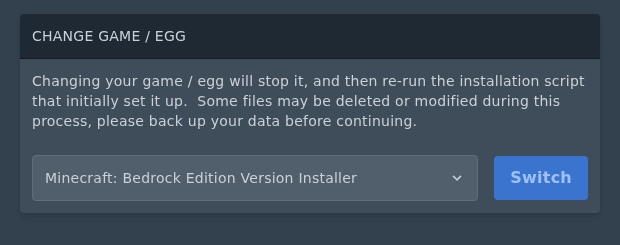 Change Game and Egg section on the Ptero settings page