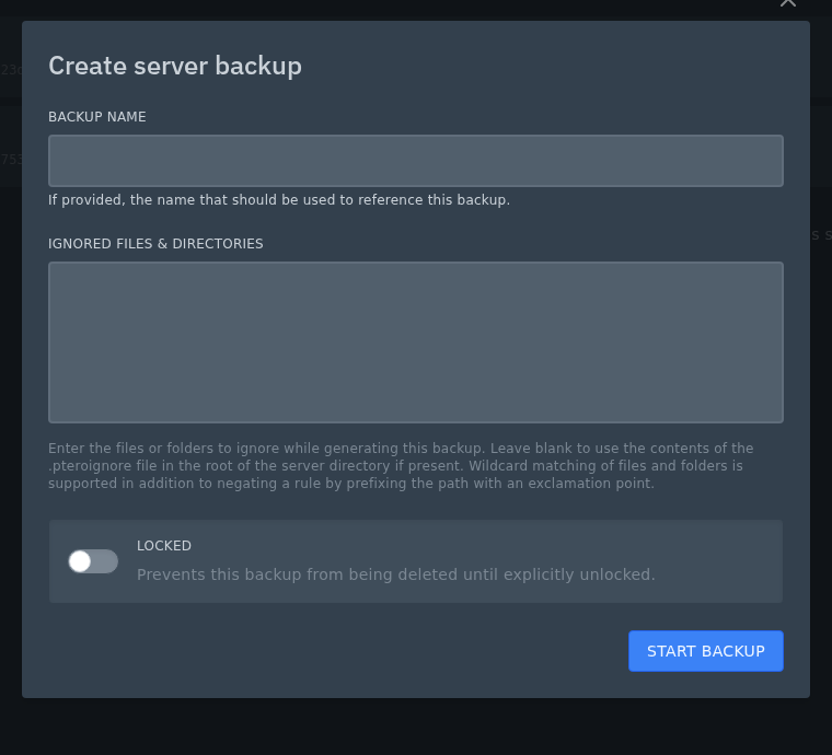 Create backup form on the Ptero control panel