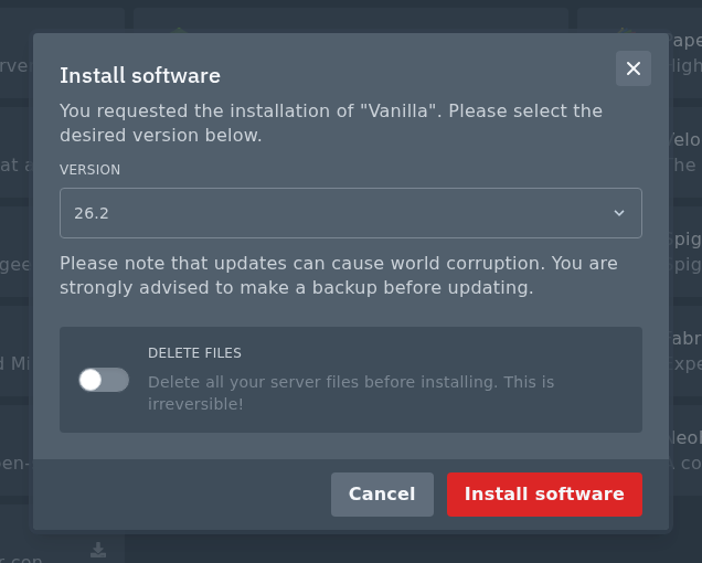 Vanilla Minecraft install window with version dropdown and delete files option