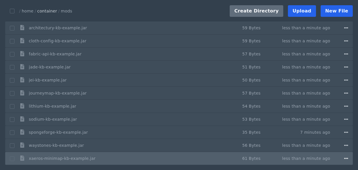 Minecraft mods uploaded to the mods folder in the Ptero file manager