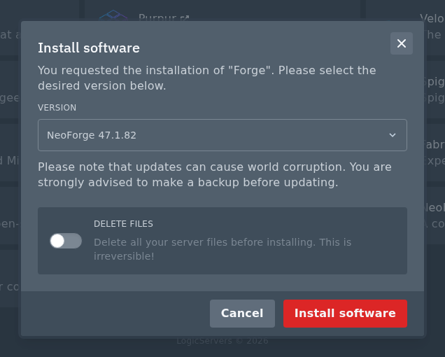 Forge install window showing Forge and NeoForge versions