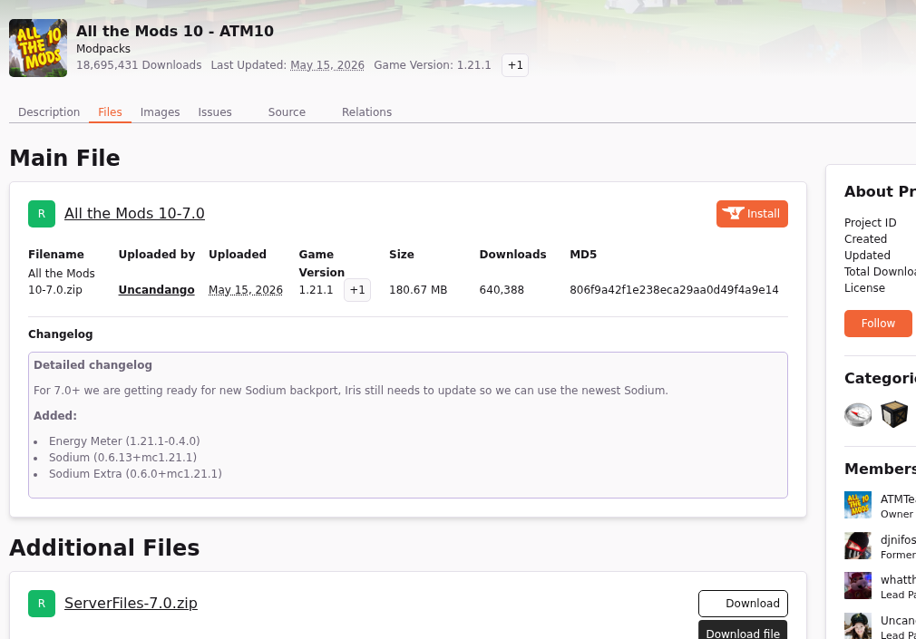 All the Mods 10 CurseForge files page showing the server files section