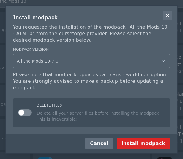 Selecting a modpack version before installing All the Mods 10