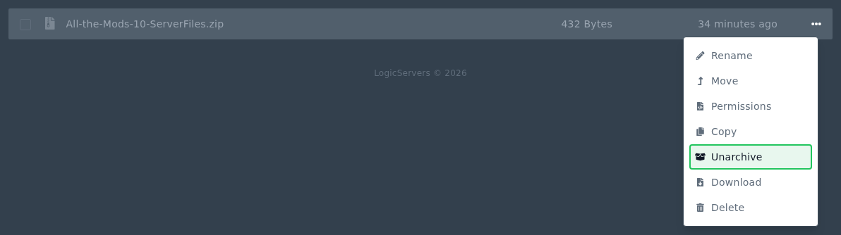 Unarchive option for a Minecraft modpack server pack zip