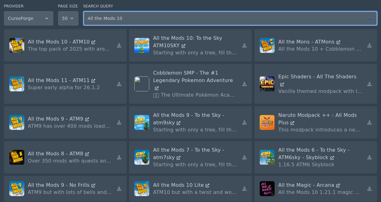 Searching for All the Mods 10 on the Minecraft Modpacks installer page