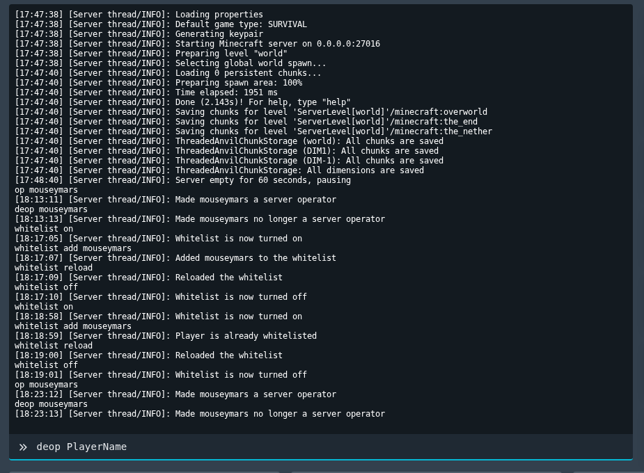 Minecraft OP and de-op commands shown in the Ptero console