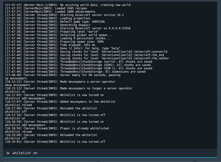 Minecraft whitelist commands shown in the Ptero console