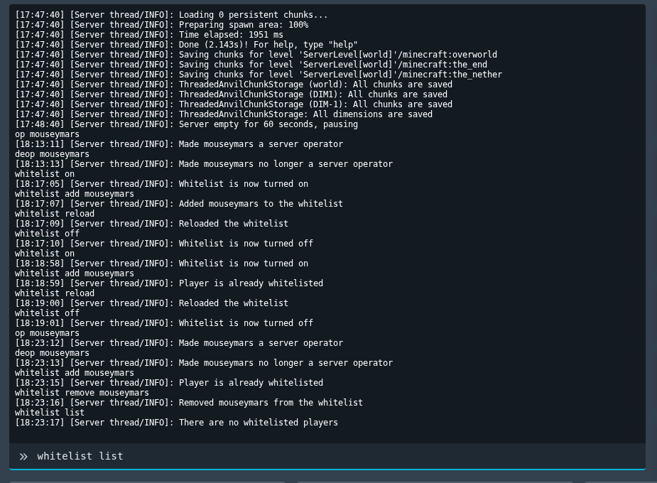 Minecraft whitelist add remove and list commands shown in the Ptero console